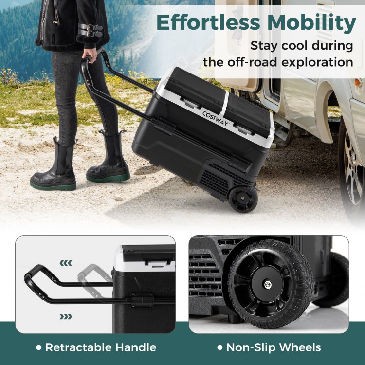 Dual zone 12V car refrigerator with retractable handle and non-slip wheels, ideal for camping and travel.